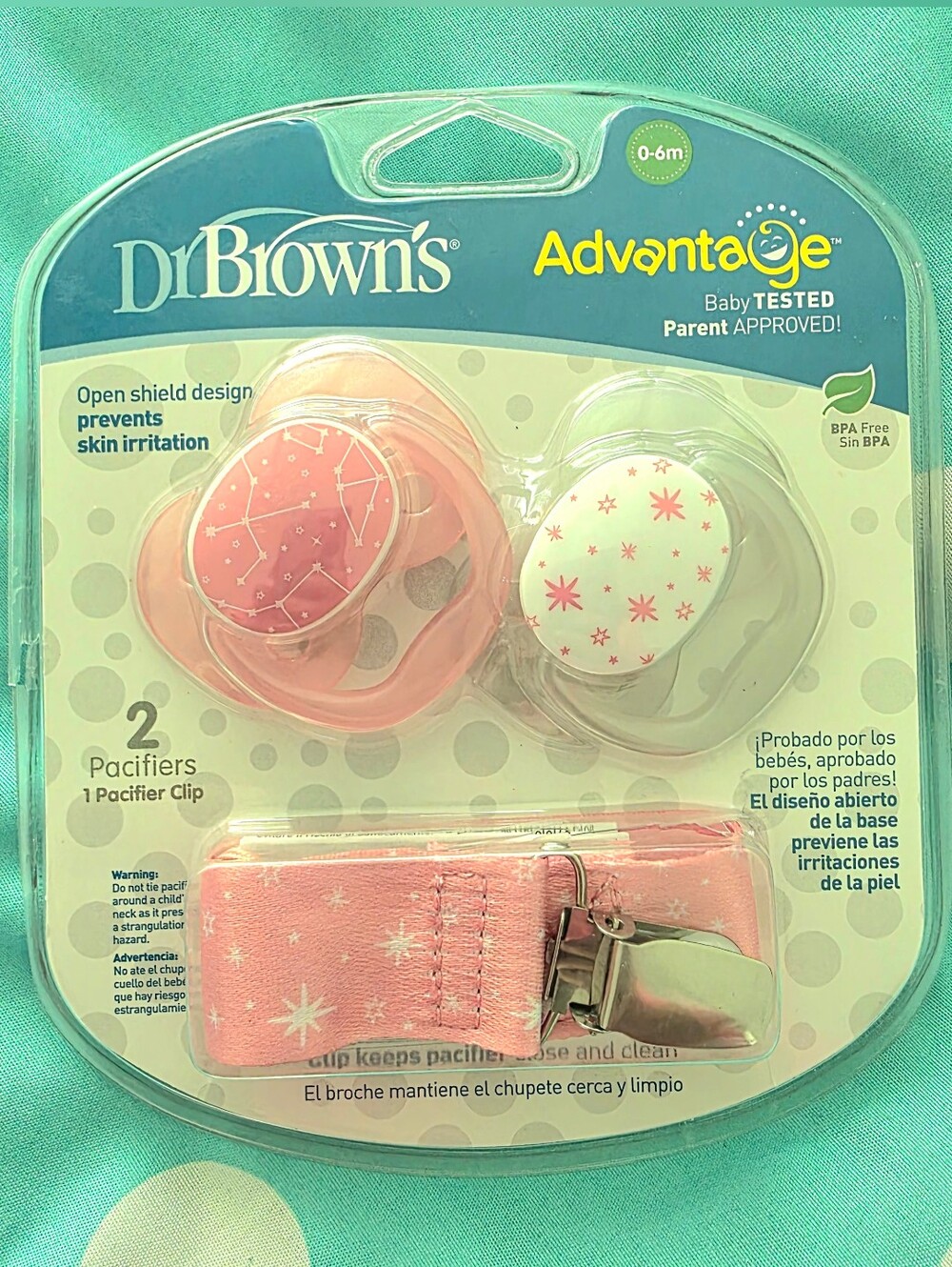 Dr. Brown's Advantage 2 Pacifier Set with Matching Clip PINK NEW Paci Dr Browns